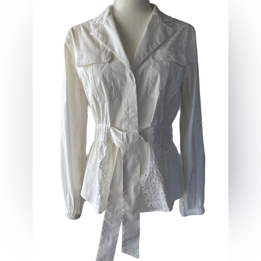 White House Black Market Small Eyelet Belted long sleeves blouse